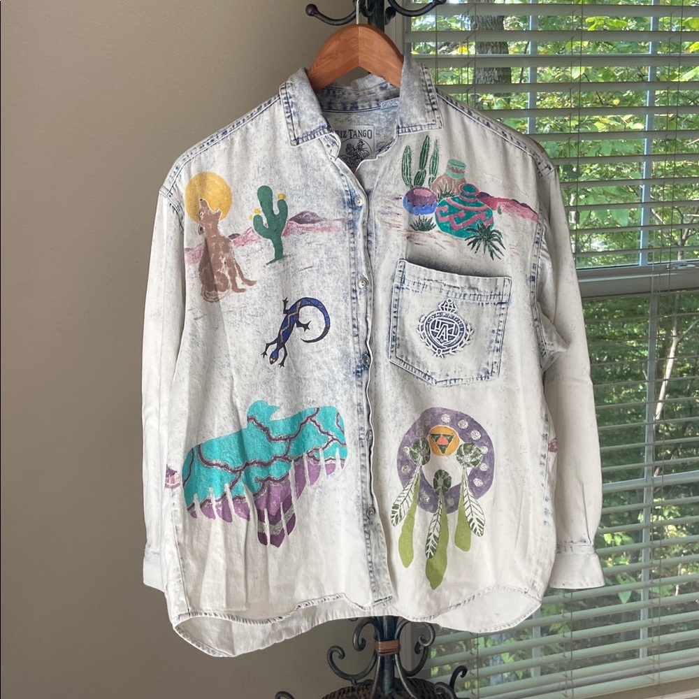 Biz Tango Blues Womens Acid Wash Western Shirt Sz M Native Cowgirl 80s